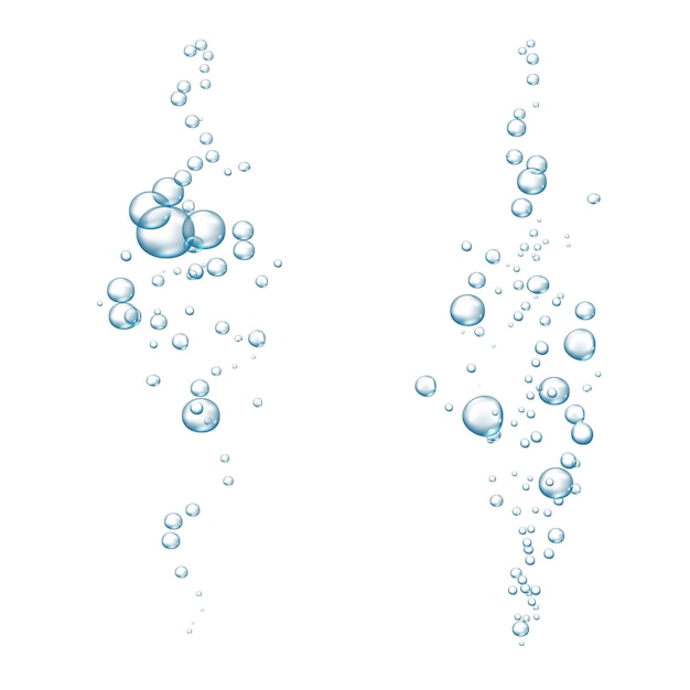 Burbujas gaseosas azules. Brilla corriente submarina en agua, mar, acuario. Bebida gaseosa y efervescente. Burbujas de refresco frescas abstractas. ilustración vectorial