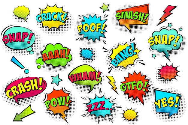 Burbujas de habla de color cómico con sombra de medio tono y frase de texto expresión de sonido de emoción mano