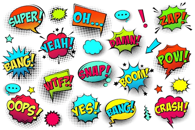Burbujas de habla de color cómico con sombra de medio tono y frase de texto expresión de sonido de emoción mano