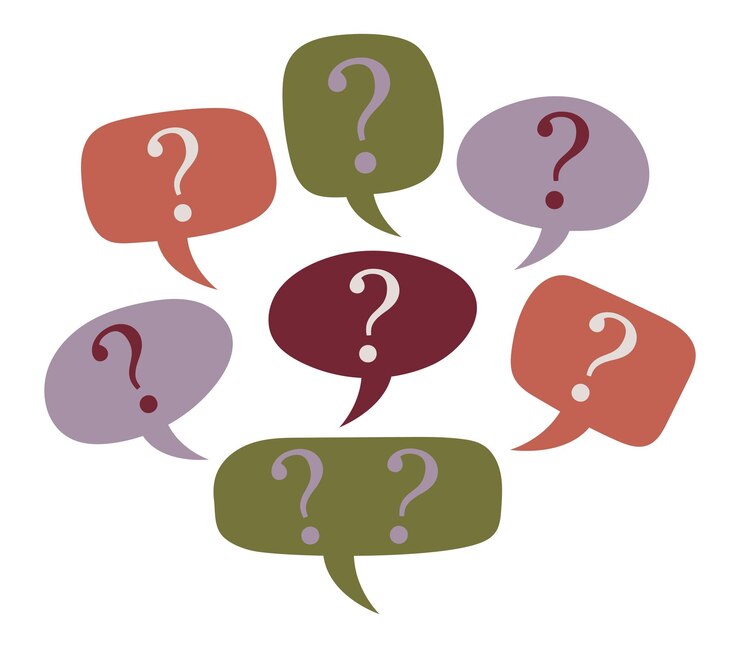 Vector burbujas de habla coloridas con signos de pregunta curiosidad preguntas frecuentes comunicación y concepto de confusión en