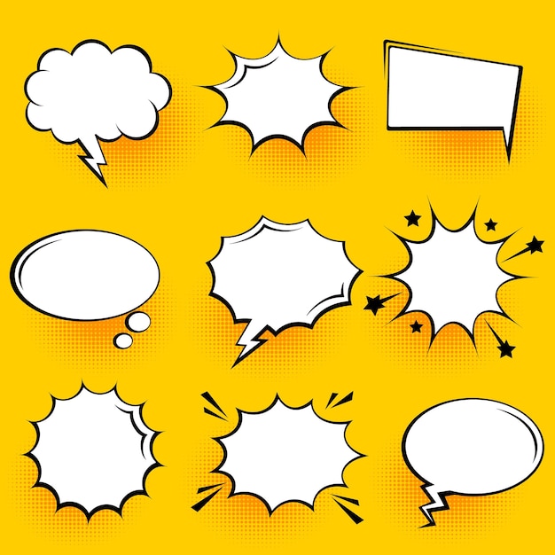 Burbujas de habla cómica en blanco con sombras de medio tono en fondo amarillo dibujado a mano dibujado de dibujos animados retro.