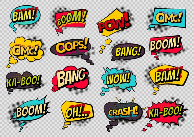 Las burbujas de habla de los cómics son pegatinas de dibujos animados retro de colores dibujadas a mano.