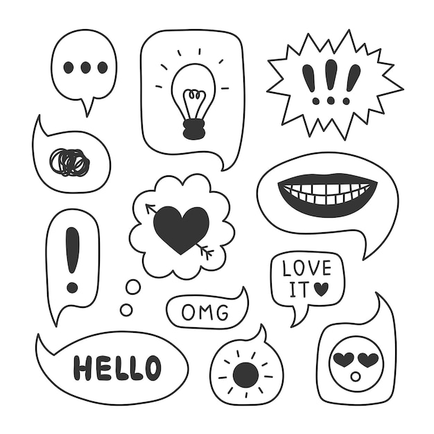 Burbujas de habla Doodle de dibujos animados Conjunto de iconos de líneas de emoción cómicas Ilustración vectorial de reacción de contorno