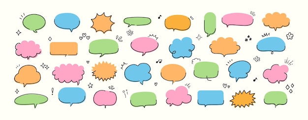 Burbujas de habla de Doodle Marco sencillo de línea Discurso decorativo dibujado a mano Balón de texto caja comunicativa Esbozo de pegatinas lindas para el bloc de notas Nube cómica para el título Conjunto vectorial