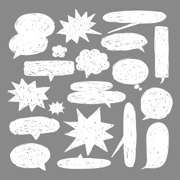 Burbujas de habla de estilo tiza en un fondo gris Varias formas de burbujas de voz como nubes y estrellas La textura de tiza agrega una sensación de dibujo a mano a las burbujas del habla Vector de ilustración de mensaje
