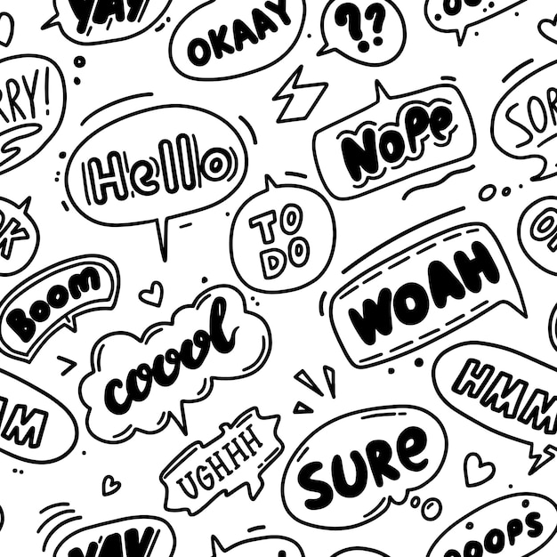 Vector burbujas de habla de moda sin costuras en diseño plano dibujado a mano con mensajes cortos diálogo de estilo cómico lindo