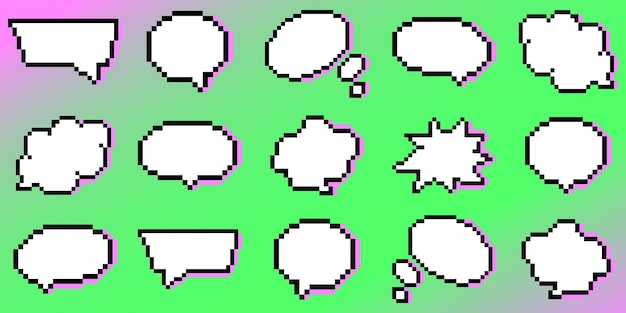 Burbujas de habla de píxeles Vector ilustración de estilo retro de 8 bits Conjunto de pegatinas