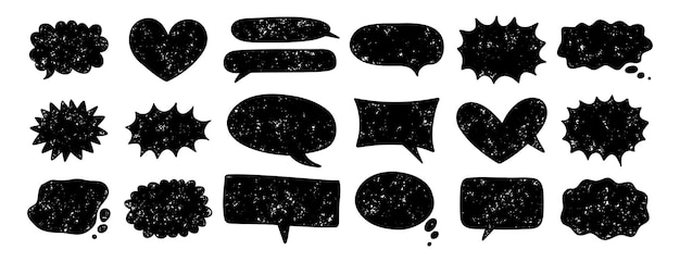 Burbujas de habla en varias formas establecidas crayón grunge textura marcos de comunicación caja de texto chat en la nube