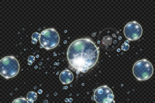 Burbujas hermosas blancas en una ilustración de vector de fondo transparente. Burbuja.