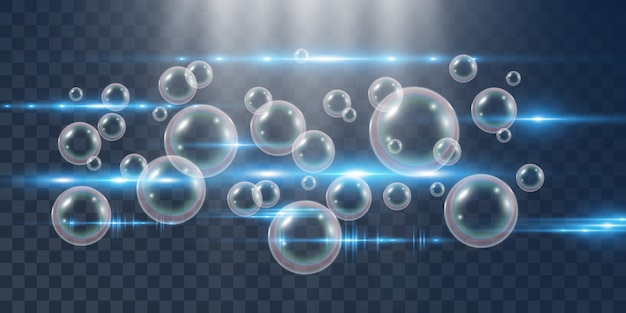 Burbujas de jabón de aire sobre un fondo transparente. Ilustración de bombillas.