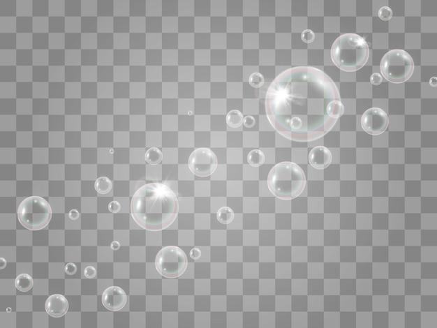 Burbujas de jabón de aire sobre un fondo transparente. Ilustración de vector de bombillas.