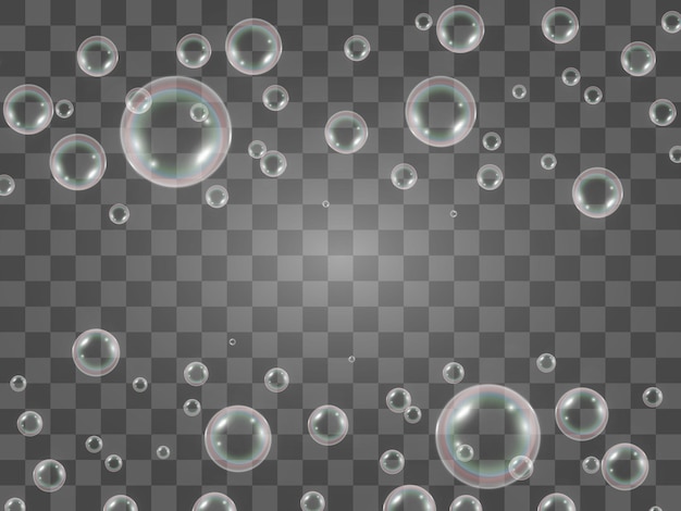 Burbujas de jabón de aire sobre un fondo transparente. Ilustración de vector de bombillas.