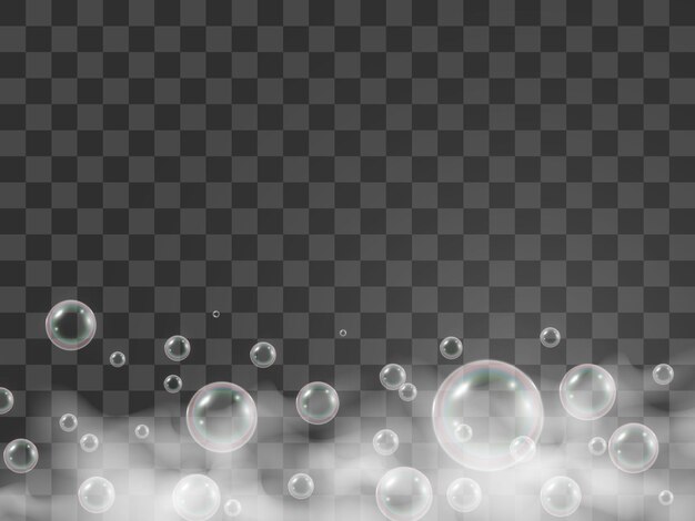 Burbujas de jabón de aire sobre un fondo transparente. Ilustración de vector de bombillas.