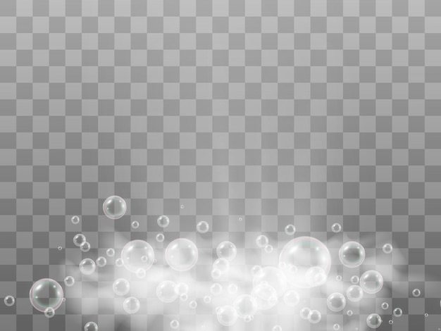 Burbujas de jabón de aire sobre un fondo transparente. Ilustración de vector de bombillas.