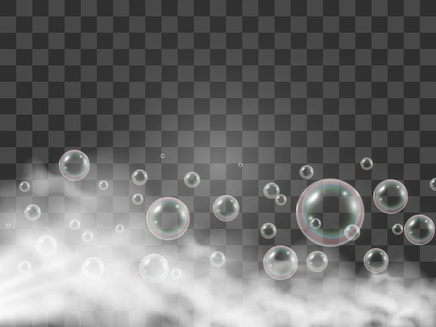 Burbujas de jabón de aire sobre un fondo transparente. ilustración de vector de bombillas.