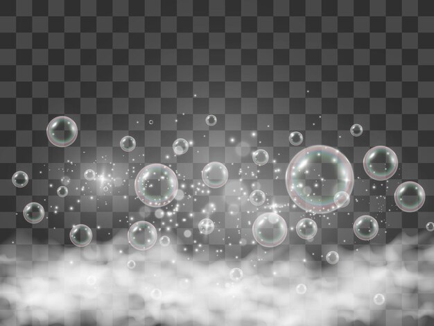 Burbujas de jabón de aire sobre un fondo transparente. Ilustración de vector de bombillas.