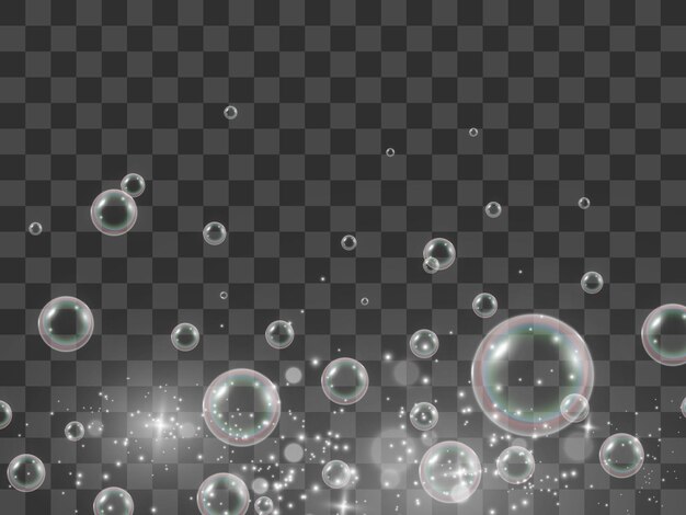 Burbujas de jabón de aire sobre un fondo transparente. Ilustración de vector de bombillas.