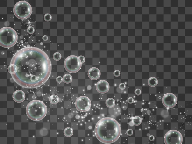 Burbujas de jabón de aire sobre un fondo transparente. Ilustración de vector de bombillas.