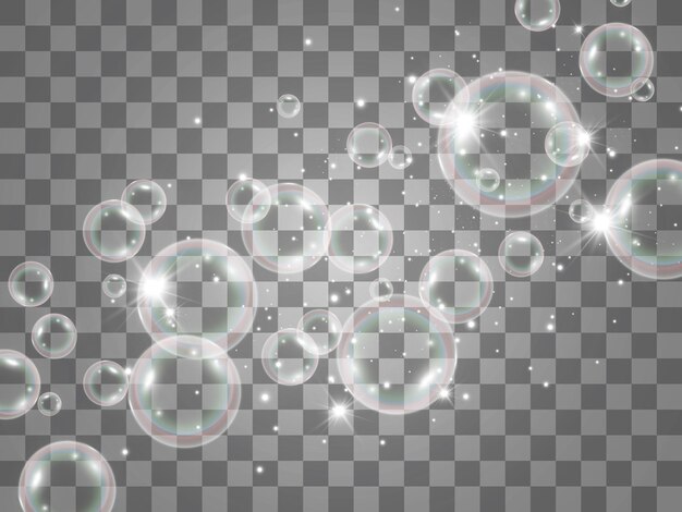 Burbujas de jabón de aire sobre un fondo transparente Ilustración vectorial de bombillas