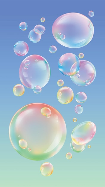 Burbujas de jabón coloridas flotando contra un fondo de gradiente Burbujas que reflejan la luz creando un efecto arco iris Burbuja de jabón de varios tamaños y colores Conjunto vectorial de elementos de burbuja de sabón