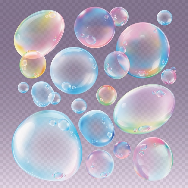 Burbujas de jabón coloridas en un fondo transparente Burbujas De varios tamaños con reflejos de arco iris Las burbullas de jabón crean un efecto caprichoso lúdico El conjunto vectorial de elementos de burbujas de sabón