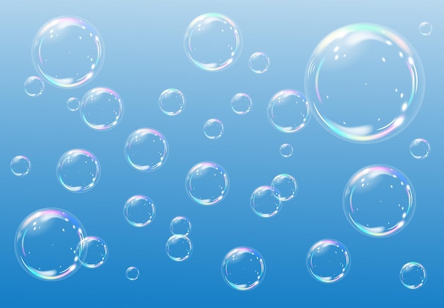 Burbujas de jabón en una ilustración de vector de fondo azul