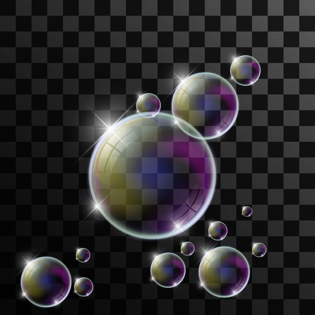 Burbujas de jabón multicolores realistas con reflexión del arco iris. Esfera de agua.