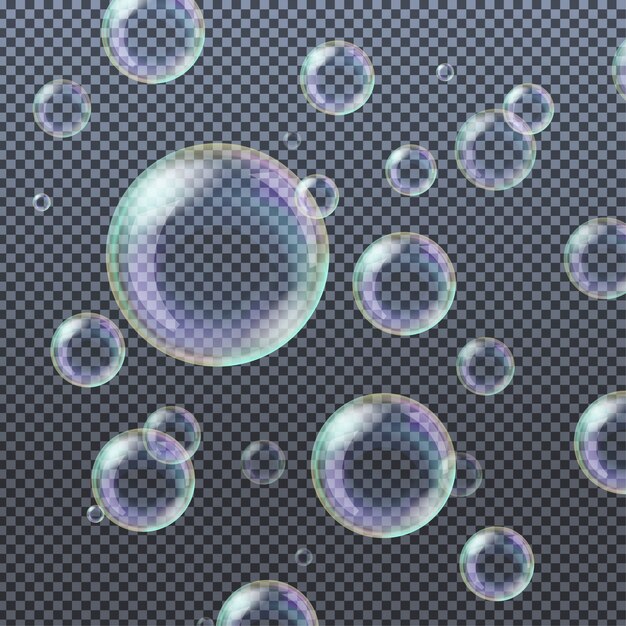 Burbujas de jabón o champú de agua de aspecto realista con reflejo de arco iris aislado