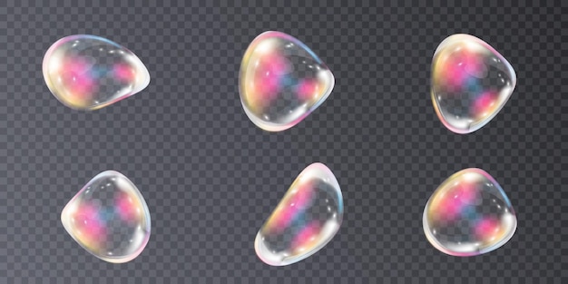Burbujas de jabón realistas con reflejo iridiscente y reflejos. Sobre un fondo transparente.