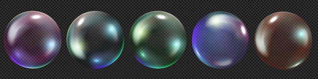 Burbujas de jabón realistas en vector con brillo resplandor y arco iris aislado sobre fondo transparente