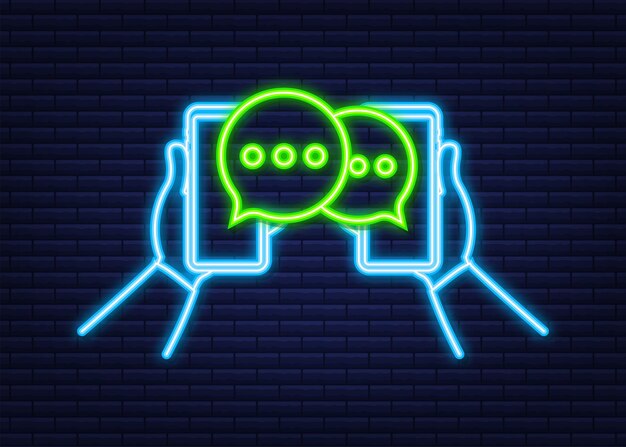 Burbujas de mensaje de chat en la pantalla del teléfono inteligente. Icono de neón. Red social. Mensajería. Ilustración de stock vectorial.