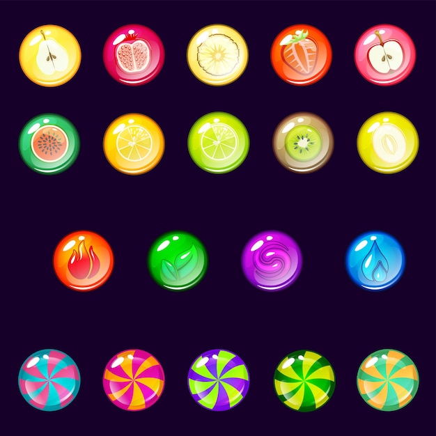 Burbujas o bolas de color para disparar o mach3 juego bolas de frutas bolas de caramelo botones de círculo brillante