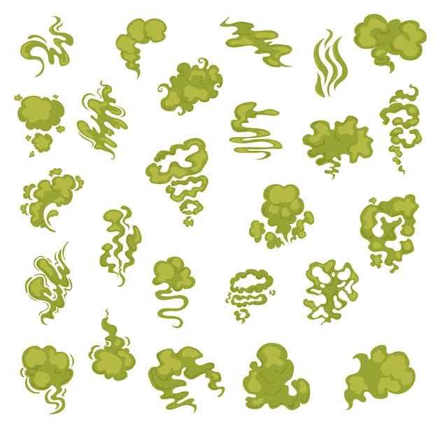 Burbujas de olor apestoso de dibujos animados, vapor de agua y corrientes de aroma hediondo. corriente de humo de aroma, olor tóxico ilustración verde sobre fondo blanco.