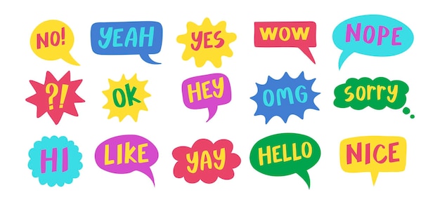Burbujas de pensamiento palabras escritas a mano expresiones cómicas pegatinas de chat colección de nubes de habla funky