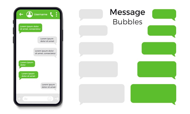 Vector burbujas de plantilla de aplicación de sms de chat para teléfonos inteligentes coloque su propio texto en las nubes de mensajes