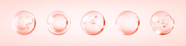 Burbujas de suero de colágeno en fondo rosa esencia cosmética molécula dentro de la burbuja líquida