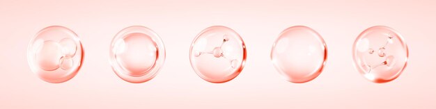 Burbujas de suero de colágeno en fondo rosa Esencia cosmética Molécula dentro de la burbuja líquida