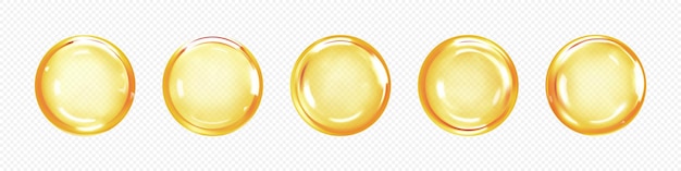 Burbujas de suero de colágeno de oro Aceite o esencia cosmética Solución conceptual de cosméticos para el cuidado de la piel Vector