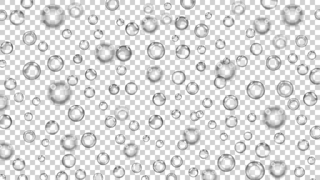 Burbujas translúcidas o gotas de agua de diferentes tamaños en colores grises sobre fondo transparente. transparencia solo en formato vectorial