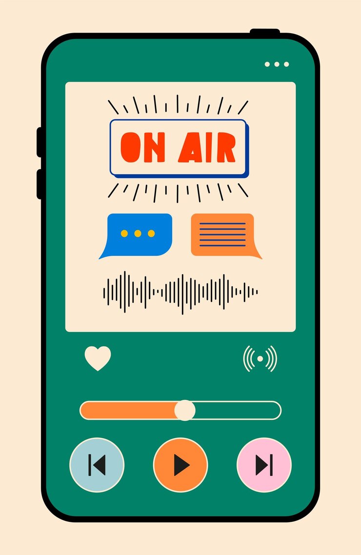 Vector burbujas de voz y título en el aire en la pantalla del teléfono. grabación y escucha de podcasts, transmisión.