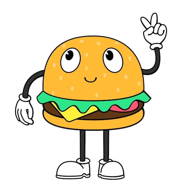 Burger doodle personaje de dibujos animados vector de diseño retro