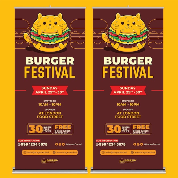 Vector burger festival roll up banner print template con estilo de diseño plano