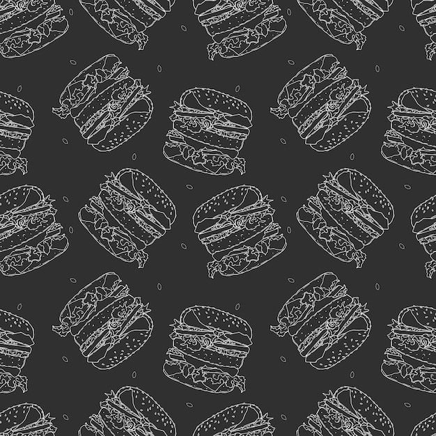 Burger hamburguesa patrones blanco y negro dibujado a mano dibujo de contorno Vector