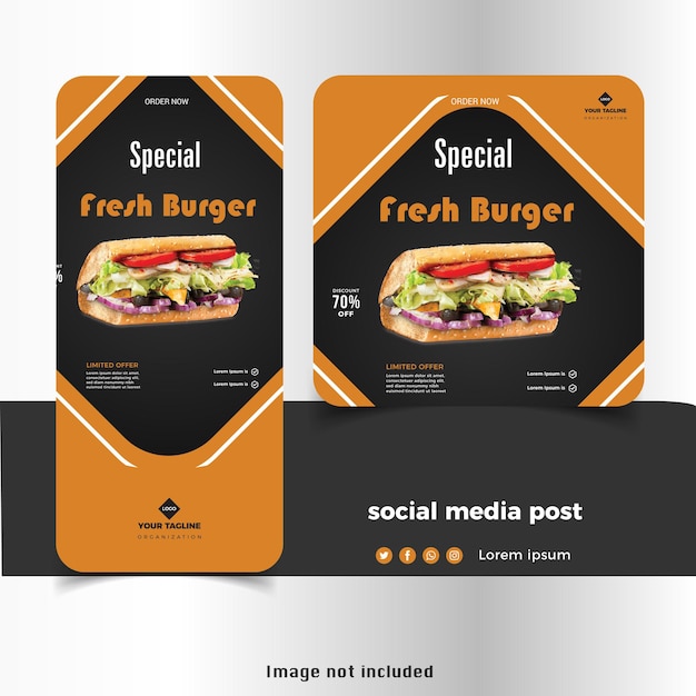 Vector burger nueva promoción de restaurante de comida rápida para conjunto de plantillas de redes sociales