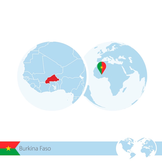 Burkina Faso en globo terráqueo con bandera y mapa regional de Burkina Faso. Ilustración de vector.