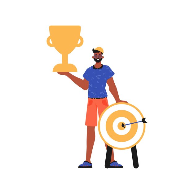La burla sostiene la copa del triunfador en su plantilla Ilustración vectorial de estilo moderno