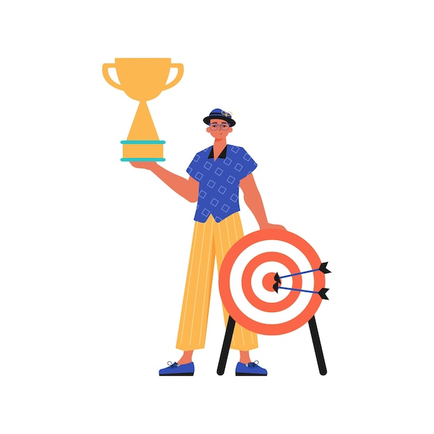 La burla sostiene la copa del triunfador en su plantilla Ilustración vectorial de estilo moderno