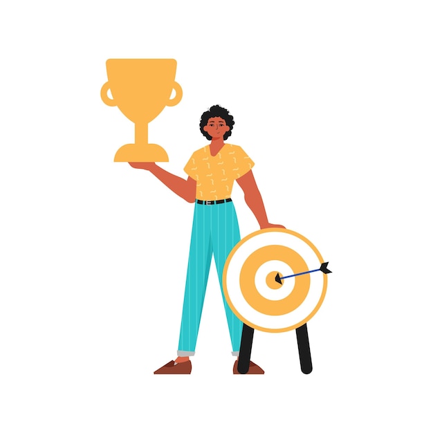 La burla sostiene la copa del triunfador en su plantilla Ilustración vectorial de estilo moderno