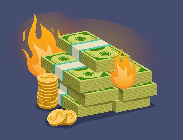 Burning money bancarrota negocio fuego concepto de diseño gráfico de dibujos animados vectorial ilustración de elementos