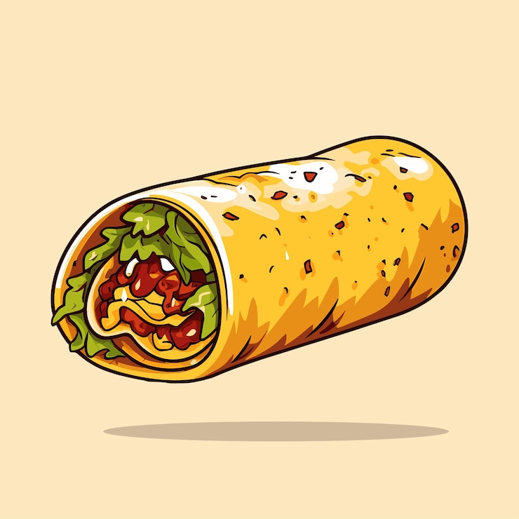 Vector burrito fresco y sabroso ilustración de dibujos animados estilo doodle vectorial